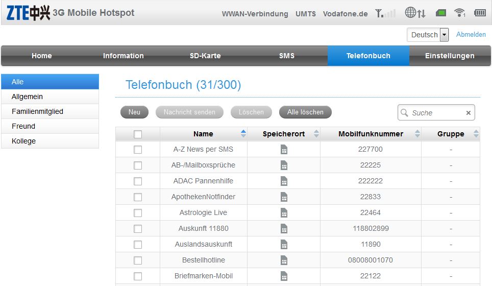 Telefonbuch in wifi hotspot Browseransicht